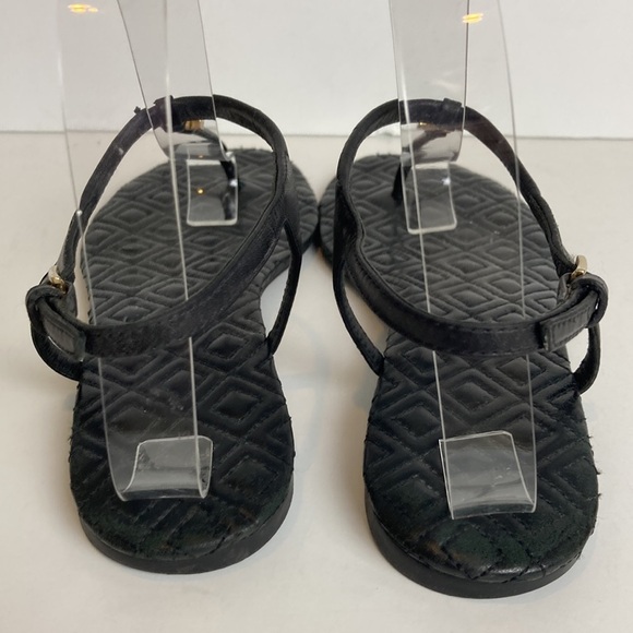 TORY BURCH Marion Quilted Black Leather T-Strap Gold Logo Sandals Size 8 Luxury - Picture 5 of 16